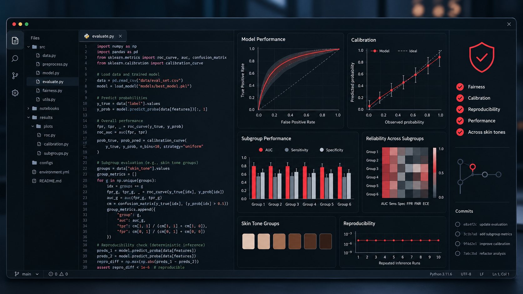 Radiant Revive AI skin analysis engine — fairness, calibration, and reproducibility evaluated across skin-tone groups
