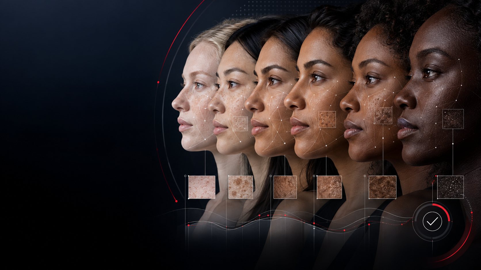 Six faces spanning Fitzpatrick skin types I through VI with AI analysis mapping — every audit evaluates performance across the full range of skin tones