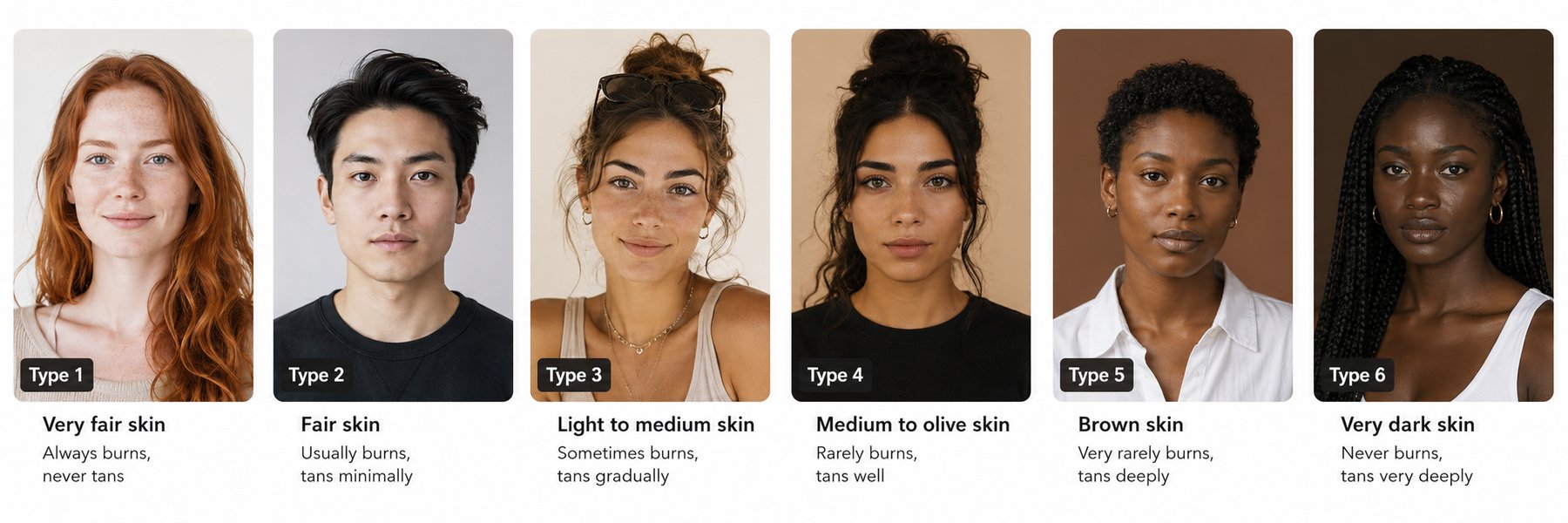 Fitzpatrick scale Types I–VI: from very fair to very dark skin, with descriptions of how each skin type responds to sun exposure